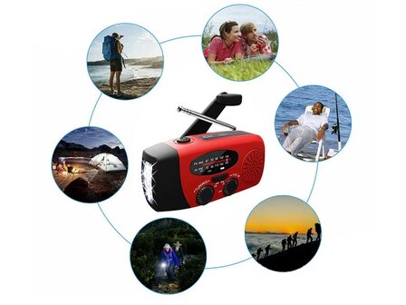 Noodradio opgeladen met een slinger, zonnepaneel of USB