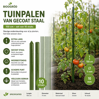 Bioogr&oacute;d tuinpalen - gecoat staal, 1,5 m, &Oslash;11 mm, 10 stuks