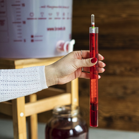 Wijnmeter met een thermometer in een kunststof reageerbuis