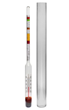 Wijnmeter met een thermometer in een kunststof reageerbuis