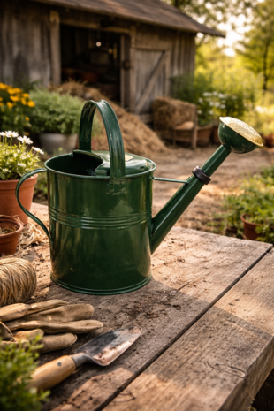 Authentieke groen gelakte gieter 9 liter met messing sproeikop