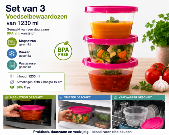 Set van 3 voedselbewaardoos 1230ml